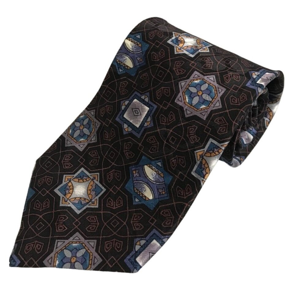 Leo Chevalier Tie Mens Silk Geometric Pattern Navy Blue Necktie